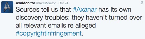 Sources tell us that #Axanar has its own discovery troubles: they haven't turned over all relevant emails re alleged #copyrightinfringement.